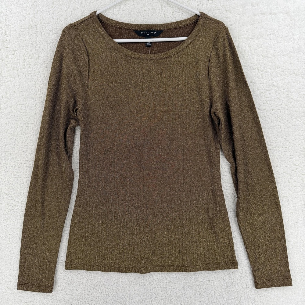 WHBM FORME Shirt Womens Large Brown Gold Metallic Rib Long Sleeve Scoop Neck NWT